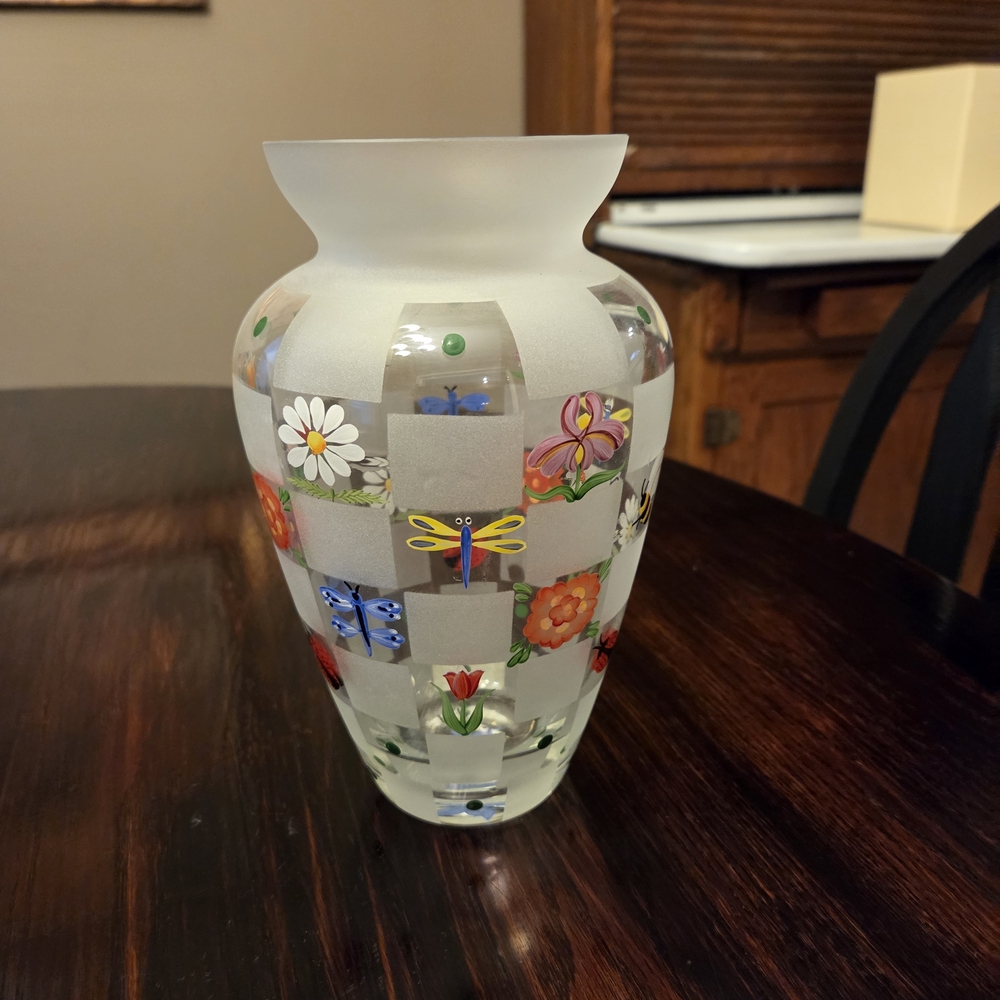 Lenox Frosted Glass Vase with Colorful Floral and Insect Motifs